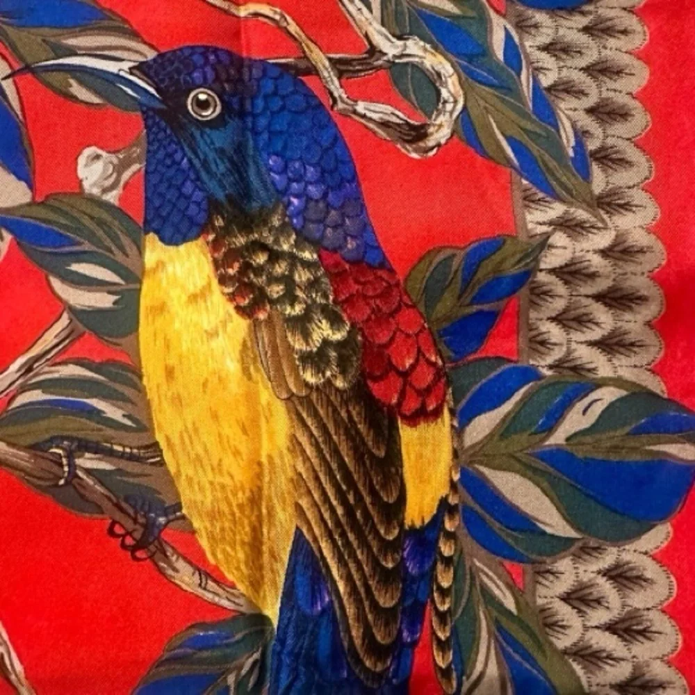 Christian Dior Stunning Vintage 100% Silk Scarf Birds & Foliage Print Red Blue